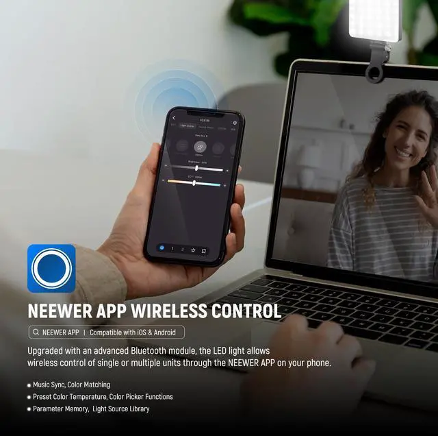 Alt view image 5 of 7 - NEEWER BASICS VL67B Phone Selfie Light for iPhone with APP Control, Bi Color 2000mAh Clip On Fill Light for Vlogging Recording Live Streaming, Computer/Laptop/Webcam/Monitor Video Conference Lighting