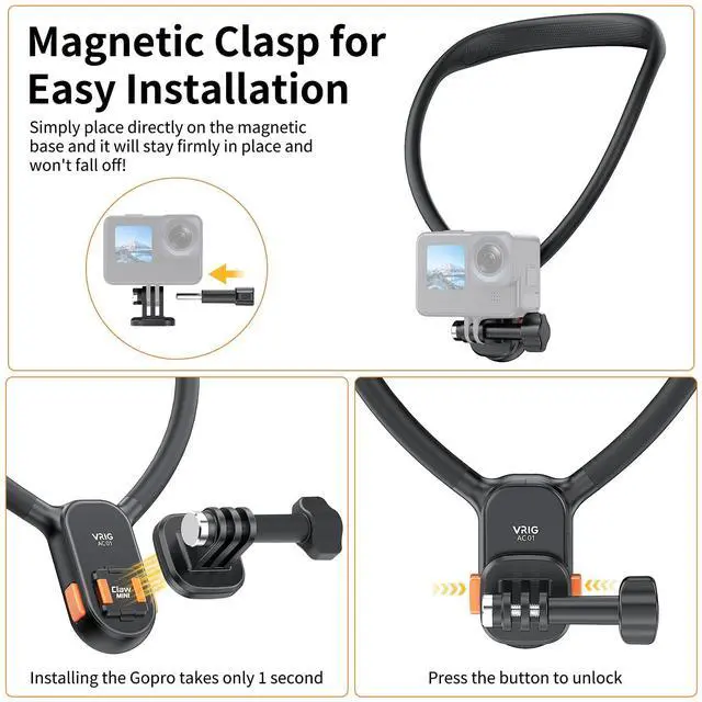 Alt view image 4 of 7 - VRIG Magnetic Neck Mount with Phone Holder, One-Click Quick Release & Claw-Mini Action Camera Adapter Mount for Go Pro Hero 13/12/11/10/9, for DJI Action 5 Pro/4/3, for Insta 360 Ace Pro