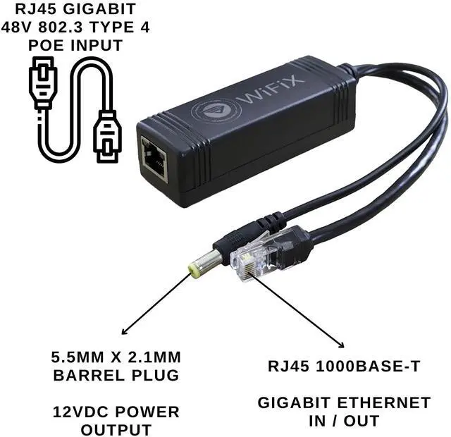 Alt view image 5 of 5 - Active PoE Splitter | 48V to 12V | 3A PoE+ - 10M/100M/1000M/2500M Support, 2.1mm Power Plug Tip for Outdoor LoRaWAN Miners, Routers, WiFi, Hotspots, Cameras and More