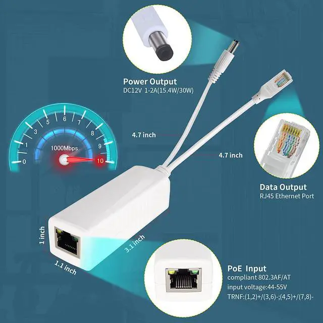 Alt view image 3 of 6 - Gigabit PoE Splitter Adapter,12V 2A Output,1000Mbps, IEEE 802.3AF/at, Suitable for IP Cameras, AP WiFi, IP Phones, and Other DC Power Supply Devices,5.5x2.1mm DC, Input Voltage48-52V,2 Pack