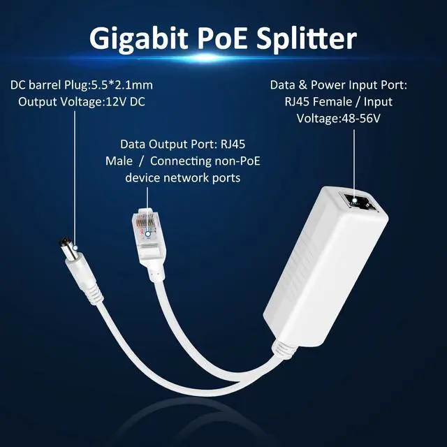 Alt view image 2 of 7 - 2-Pack Gigabit PoE Splitter 12V 2A Output with IEEE 802.3af/at Standard Compliant, Power Over Ethernet Splitter Adapte for Security Camera, AP, Voip, 5.5x2.1mm DC Plug