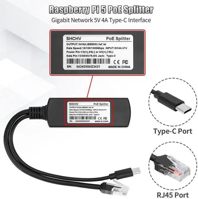 Alt view image 2 of 7 - Gigabit Poe Splitter 5V 4A Type-C, Power Over Ethernet Adapter for Raspberry Pi 5, Power Supply Exchanger,IEEE 802.3af/at Compliant 10/100/1000mbps for Rpi5, IP Camera, Tablets, Dropcam and More