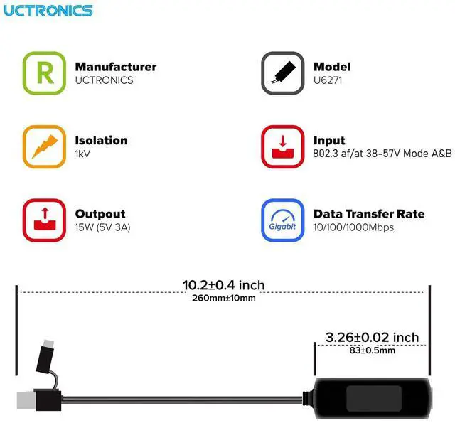 Alt view image 4 of 6 - Gigabit PoE Splitter 5V 3A, 2-in-1 PoE to USB C/Micro USB Adapter, IEEE 802.3af/at Compliant 10/100/1000Mbps for Raspberry Pi 3/4, Security IP Cameras and More