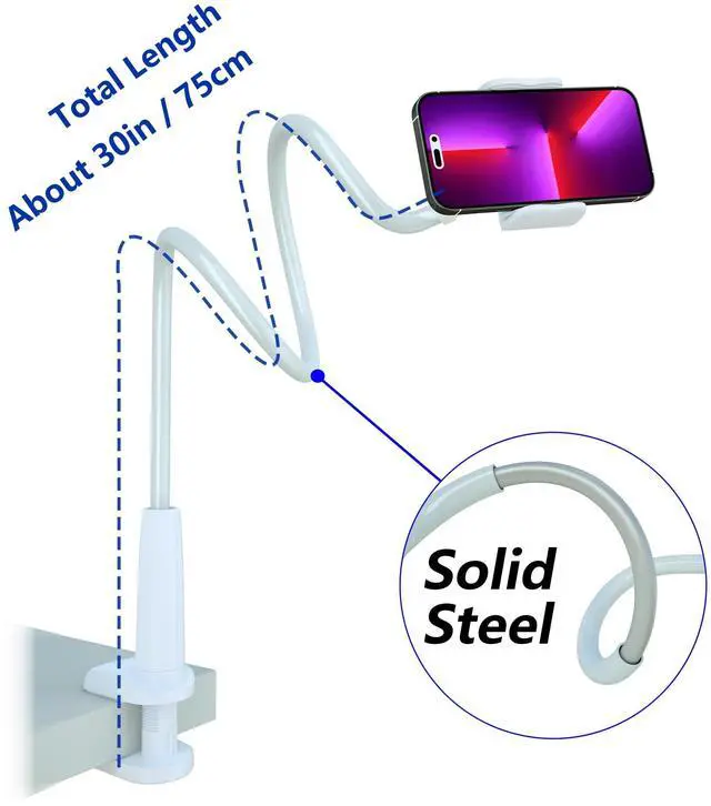 Alt view image 2 of 7 - Cell Phone Clip Bed Stand Holder, with Grip Flexible Long Arm Gooseneck Bracket Mount Clamp for Desk, Compatible with iPhone 14 Pro Max XR X 8 7 6 or Other 3.5-7" Devices (White)