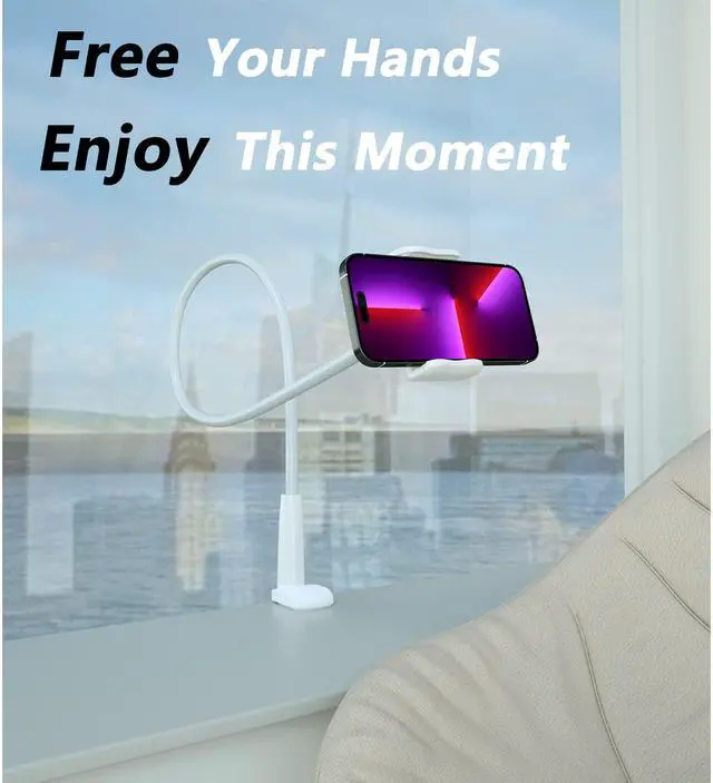 Alt view image 3 of 7 - Cell Phone Clip Bed Stand Holder, with Grip Flexible Long Arm Gooseneck Bracket Mount Clamp for Desk, Compatible with iPhone 14 Pro Max XR X 8 7 6 or Other 3.5-7" Devices (White)