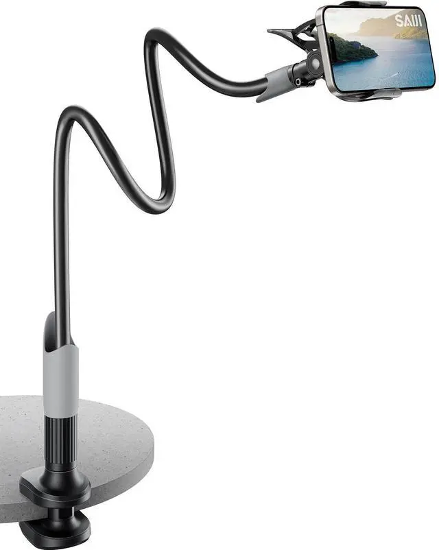 Main image of Gooseneck Bed Phone Holder, Flexible Long Arm Phone Mount for Desk, Clip Bracket Clamp Stand, iPhone Stand, Mobile Cell Phone Stand Document Camera Nintendo Switch (Black)