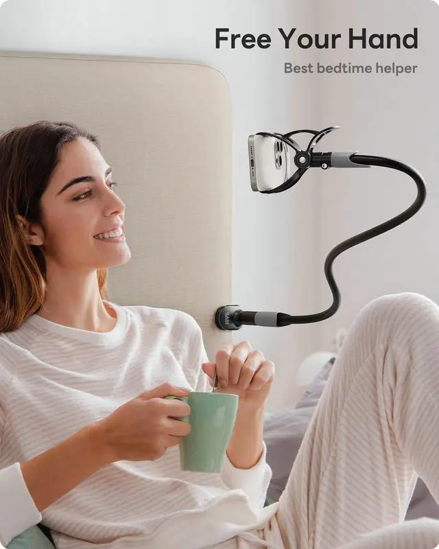 Alt view image 5 of 6 - Gooseneck Bed Phone Holder, Flexible Long Arm Phone Mount for Desk, Clip Bracket Clamp Stand, iPhone Stand, Mobile Cell Phone Stand Document Camera Nintendo Switch (Black)