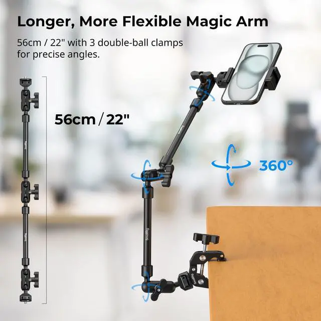 Alt view image 3 of 7 - 22" Magic Arm Clamp, Overhead Phone Mount Holder Stand, Flexible Desk Camera Mount, Articulating Friction Boom Arm, for POV Shot, Filming, Light, Webcam, Action Camera