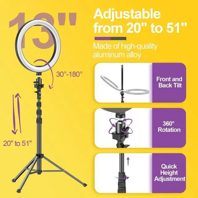 Alt view image 3 of 5 - 13" Ring Light with 55" Extendable Tripod Stands and Phone Holder, Dimmable LED Circle Round Light for Selfie Camera Photography/Makeup/YouTube Video/Vlogging/Live Streaming