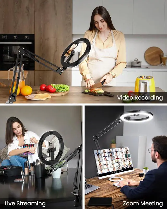 Alt view image 3 of 7 - Ring Light Overhead Camera Phone Mount for Desk, Evershop 10 Selfie Light with Stand Tripod for iPhone, Light with Phone Holder for Video Recording,Zoom Meeting,Live Streaming Tiktok,YouTube