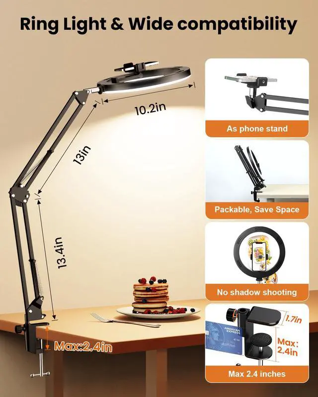 Alt view image 6 of 7 - Ring Light Overhead Camera Phone Mount for Desk, Evershop 10 Selfie Light with Stand Tripod for iPhone, Light with Phone Holder for Video Recording,Zoom Meeting,Live Streaming Tiktok,YouTube