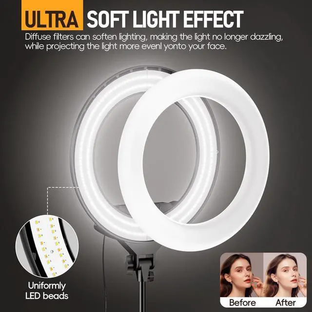 Alt view image 4 of 7 - 18-inch Ring Light with Stand, 2800-6500K LED Photography Lighting Kit with Phone Holder, Remote Selfie Light for Vlog Live Streaming Video Makeup Tattoo Barber Studio