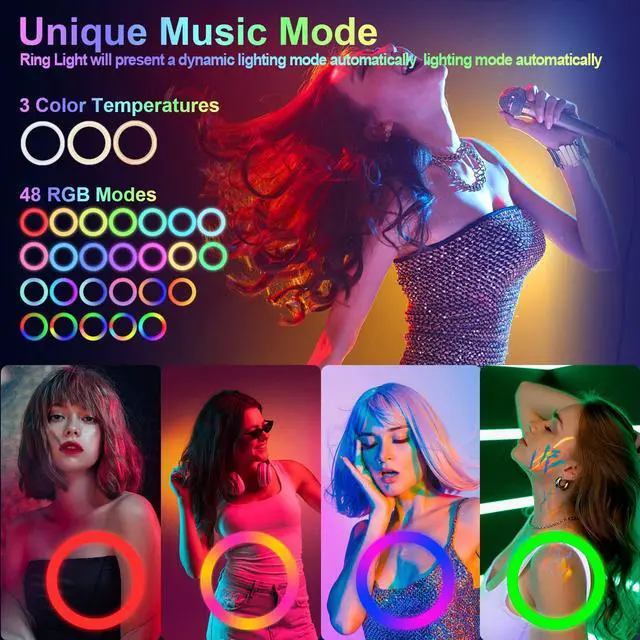 Alt view image 4 of 6 - 10" Selfie Ring Light with 73" Tripod Stand & 1 Phone Holder, LED Camera Ringlight with 48 RGB Colors Modes & Musical Rhythm Mode and 12 Brightness Dimmable for TikTok/Makeup/Photography/Vlog