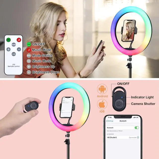 Alt view image 6 of 6 - 10" Selfie Ring Light with 73" Tripod Stand & 1 Phone Holder, LED Camera Ringlight with 48 RGB Colors Modes & Musical Rhythm Mode and 12 Brightness Dimmable for TikTok/Makeup/Photography/Vlog