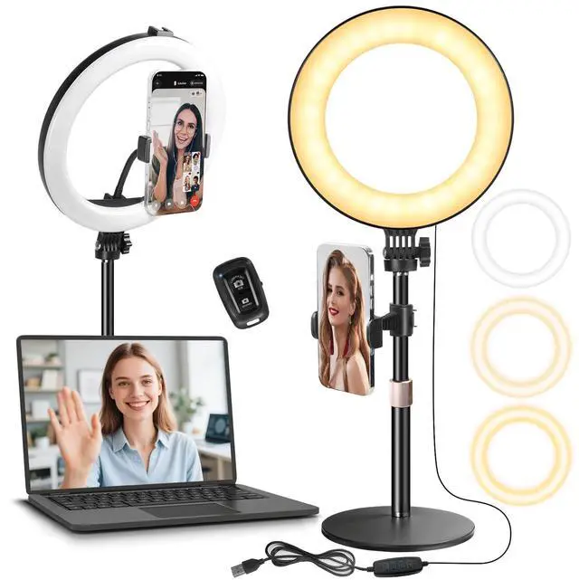 Main image of 10 Desk Ring Light with Stand, Desktop LED Circle Halo Light with Phone Holder for Computer Zoom Meeting, Laptop Light for Conference Video Calls, Live Streaming, Podcast, Selfie, Makeup