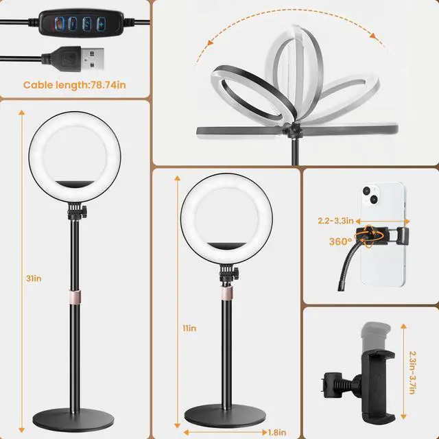 Alt view image 6 of 7 - 10 Desk Ring Light with Stand, Desktop LED Circle Halo Light with Phone Holder for Computer Zoom Meeting, Laptop Light for Conference Video Calls, Live Streaming, Podcast, Selfie, Makeup