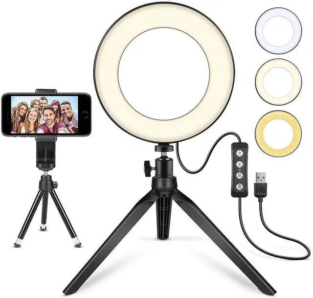 Main image of LED Ring Light 6" with Tripod Stand for Desk YouTube Video and Makeup, Mini Camera Light with Cell Phone Holder Desktop LED Lamp with 3 Light Modes & 11 Brightness Level (6 inch)