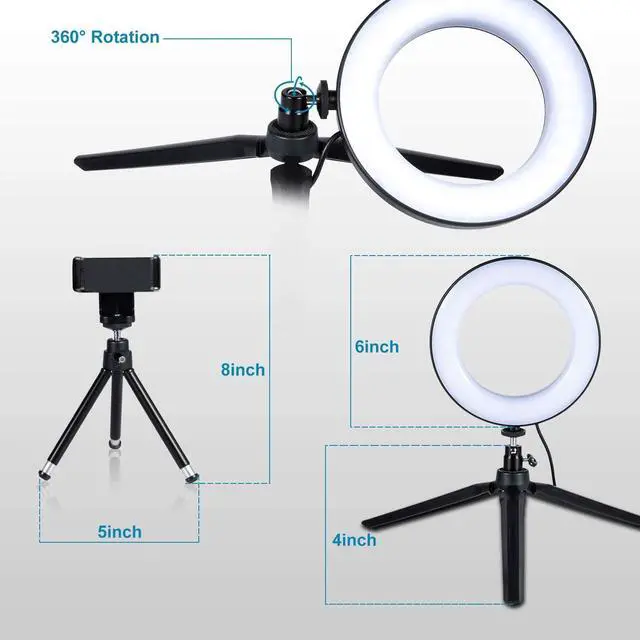 Alt view image 3 of 7 - LED Ring Light 6" with Tripod Stand for Desk YouTube Video and Makeup, Mini Camera Light with Cell Phone Holder Desktop LED Lamp with 3 Light Modes & 11 Brightness Level (6 inch)