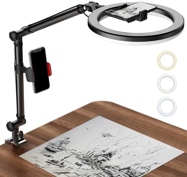 Main image of Ring Light with Stand and Phone Holder, USB 10" Ring Light for Desk, Overhead Camera Mount with Ringlight, Desk Lamp with Clamp for Photography/Makeup/Live StreamVideo/YouTube
