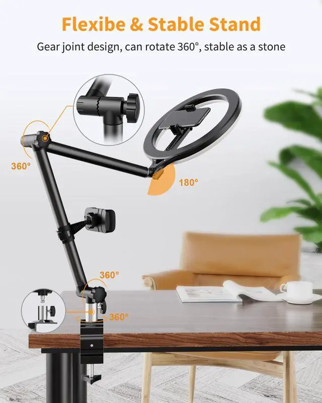 Alt view image 2 of 7 - Ring Light with Stand and Phone Holder, USB 10" Ring Light for Desk, Overhead Camera Mount with Ringlight, Desk Lamp with Clamp for Photography/Makeup/Live StreamVideo/YouTube