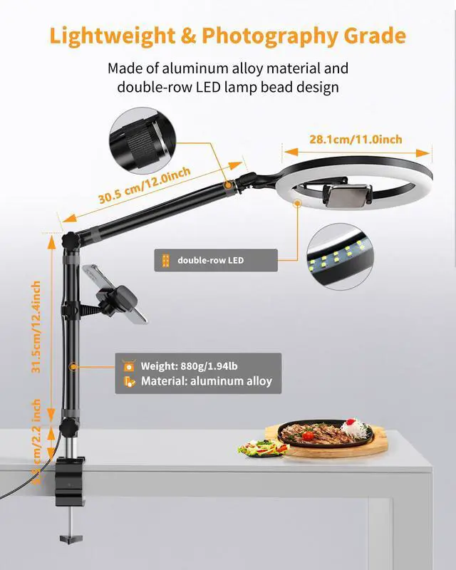 Alt view image 5 of 7 - Ring Light with Stand and Phone Holder, USB 10" Ring Light for Desk, Overhead Camera Mount with Ringlight, Desk Lamp with Clamp for Photography/Makeup/Live StreamVideo/YouTube
