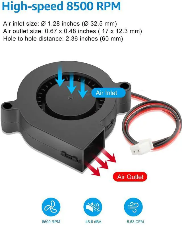 Alt view image 3 of 7 - 50mm x 15mm Blower Fan 24V High Speed, 5015 Part Cooling 24 Volt Fans Dual Ball Bearing Brushless DC Turbo 2-Pin 8500 RPM for 3D Printer, 2-Pack