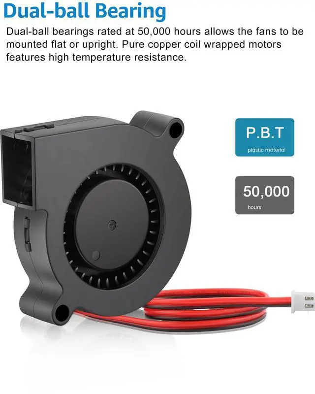 Alt view image 4 of 7 - 50mm x 15mm Blower Fan 24V High Speed, 5015 Part Cooling 24 Volt Fans Dual Ball Bearing Brushless DC Turbo 2-Pin 8500 RPM for 3D Printer, 2-Pack