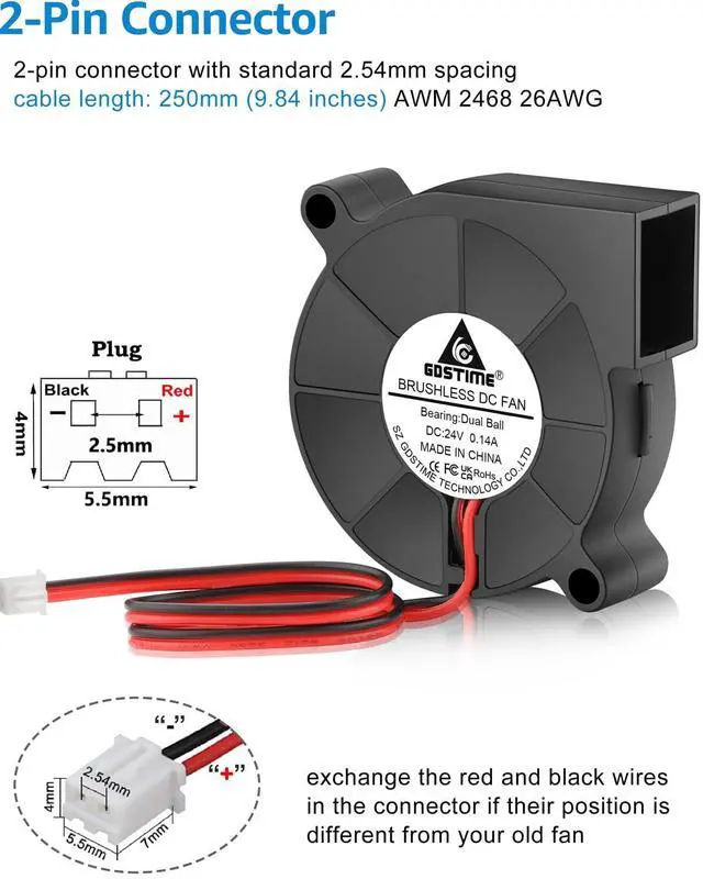 Alt view image 5 of 7 - 50mm x 15mm Blower Fan 24V High Speed, 5015 Part Cooling 24 Volt Fans Dual Ball Bearing Brushless DC Turbo 2-Pin 8500 RPM for 3D Printer, 2-Pack