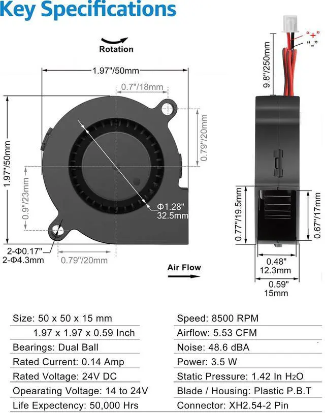 Alt view image 6 of 7 - 50mm x 15mm Blower Fan 24V High Speed, 5015 Part Cooling 24 Volt Fans Dual Ball Bearing Brushless DC Turbo 2-Pin 8500 RPM for 3D Printer, 2-Pack