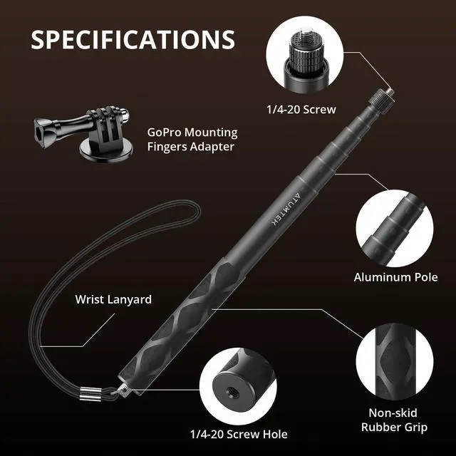 Alt view image 6 of 7 - 45" Invisible Selfie Stick, 1/4" Extended Monopod Pole, Solid and Compact Design for Insta360, for GoPro, DJI, Action Camera (Buckle Mount for GoPro and Wrist Strap Included)