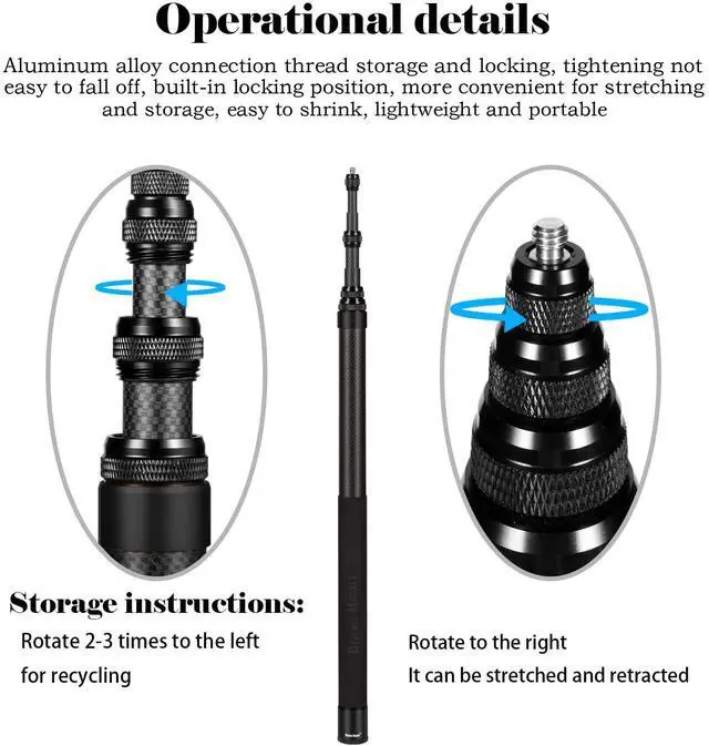 Alt view image 3 of 6 - 3m Selfie Stick 110in/9.8ft Long Invisible Carbon Fiber Selfie Stick Lightweight Extra Long Extension Pole for Insta360 ONE X5 X4 X 3 ONE X2 ONE R ONE RS X3 R X Action Camera (Black)