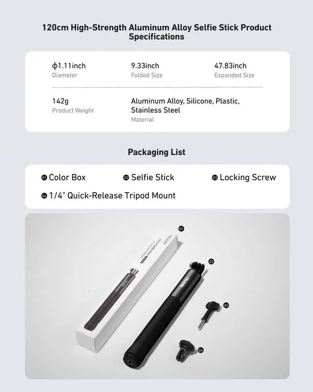 Alt view image 7 of 7 - 47" Extension Selfie Stick, Portable Handheld Invisible Monopod Pole for GoPro Hero 13 12 11 10 Insta360 X5 X4/DJI Osmo 360/Action 5 4 Pocket/AKASO Vlog Selfie Stick, Action Camera Accessories