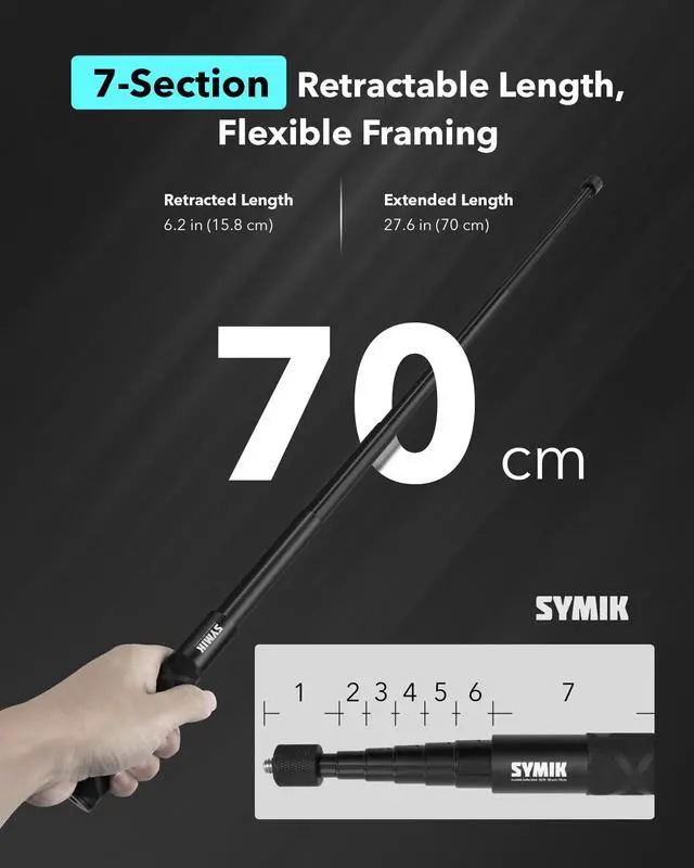Alt view image 2 of 7 - Invisible Selfie Stick for Insta360 (70 cm/27.6 in), Aluminum Alloy Extension Stick Portable Extendable Monopod Pole with 1/4'' Screw and Wrist Strap for Insta 360 X5 X4 Air X3 ONE X2 Osmo 360