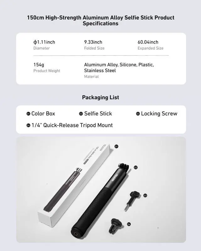 Alt view image 7 of 7 - 60" Selfie Stick for GoPro, Portable Extended Vlog Invisible Pole for GoPro Hero 13 12 11 DJI Action 6 5 4 DJI Osmo Nano/360 Insta360 X5 X4 Handheld Monopod for Travel, Action Camera Accessory