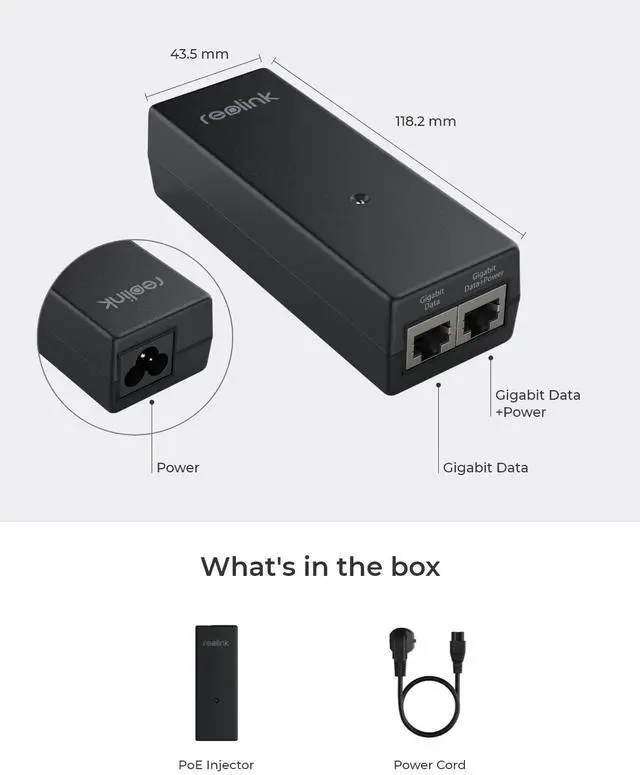Alt view image 6 of 6 - Gigabit PoE Injector, Convert Non-PoE to PoE, Supplies PoE+ (30W) or PoE (15.4W), Distance up to 100m, Plug & Play, Suitable for Reolink PoE Cameras/Reolink Video Doorbell PoE, P030U05
