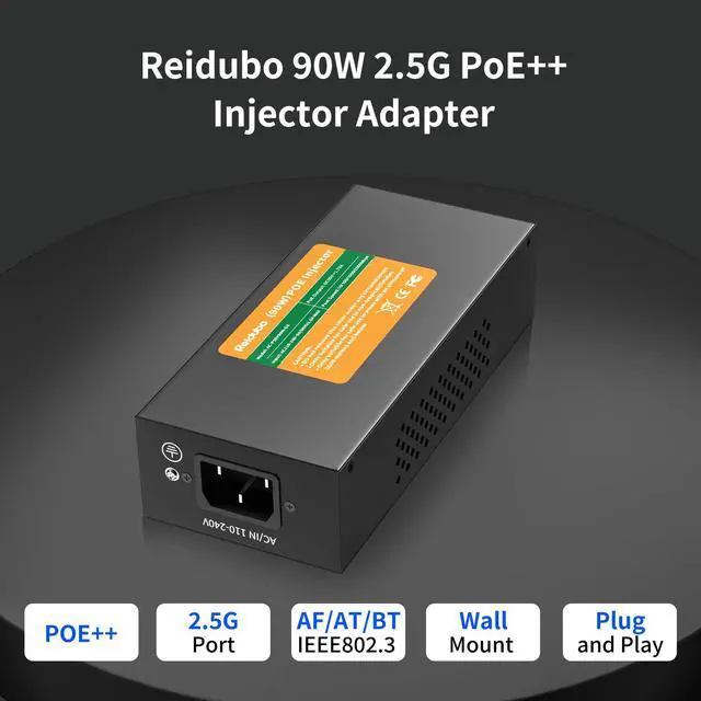 Alt view image 2 of 7 - 2.5Gb PoE Injector Adapter 90W, IEEE 802.3bt/at/af Compliant, Converts Non-PoE to PoE Network, 100/1000/2500Mbps RJ45, Up to 328 ft, Plug & Play (90W)