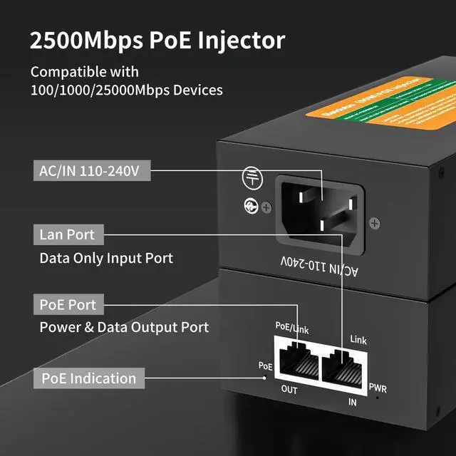 Alt view image 3 of 7 - 2.5Gb PoE Injector Adapter 90W, IEEE 802.3bt/at/af Compliant, Converts Non-PoE to PoE Network, 100/1000/2500Mbps RJ45, Up to 328 ft, Plug & Play (90W)