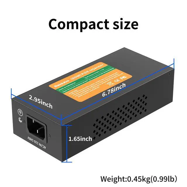 Alt view image 7 of 7 - 2.5Gb PoE Injector Adapter 90W, IEEE 802.3bt/at/af Compliant, Converts Non-PoE to PoE Network, 100/1000/2500Mbps RJ45, Up to 328 ft, Plug & Play (90W)