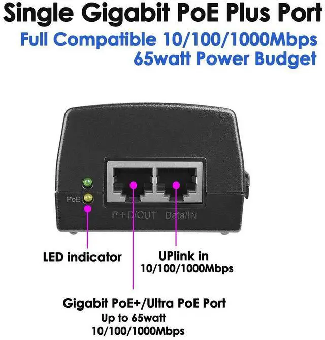 Alt view image 2 of 6 - 60W Gigabit PoE++ Injector - 10/100/1000Mbps, RJ45 Shielded, IEEE 802.3af/at/BT Compliant, PoE Switch Powerline Network Adapter for High Power Ethernet Devices, Up to 328ft