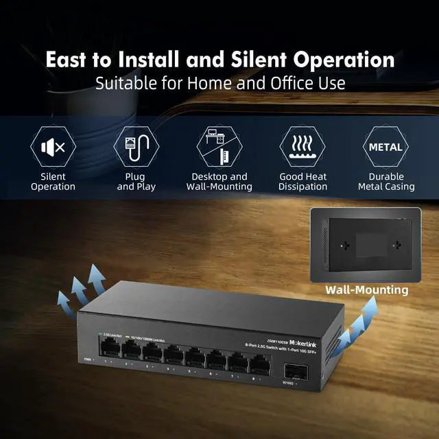 Alt view image 6 of 7 - 8 Port 2.5G Ethernet Switch with 10G SFP+ Slot, 8x2.5G Base-T Ports Compatible with 100/1000Mbps, Mini Size, Metal Unmanaged Fanless Multigigabit Network Switch