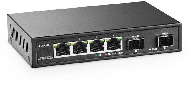 Main image of 4 Port 2.5G Network Switch with 2x10G SFP, 2.5Gbps Network Hub Ethernet Splitter, Compatible with 100/1000/2500Mbps, YuLinca Multi-Gigabit Fanless Unmanaged Metal Desktop Gaming Switch