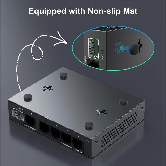 Alt view image 5 of 6 - 5 Port 2.5Gb Switch, Ethernet Switch Unmanaged 5 x 2.5G Base-T Ports and 1 x 10G SFP+, Multi-Gigabit 10/100/1000Mbps Network Switch, Plug&Play,Metal Housing,Fanless,Desktop/Wall Mount