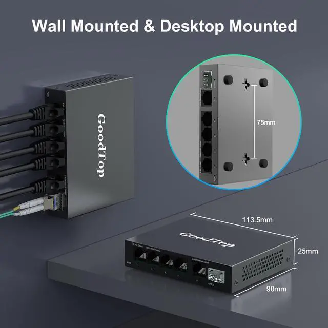 Alt view image 6 of 6 - 5 Port 2.5Gb Switch, Ethernet Switch Unmanaged 5 x 2.5G Base-T Ports and 1 x 10G SFP+, Multi-Gigabit 10/100/1000Mbps Network Switch, Plug&Play,Metal Housing,Fanless,Desktop/Wall Mount