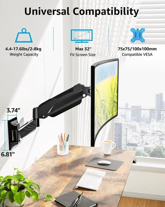 Alt view image 2 of 7 - Monitor Wall Mount for 17-32 Inch Computer Screen, Wall Mounted Arm Support 4.4-17.6lbs Display, Gas Spring Monitor Arm, VESA Bracket for VESA 75x75mm and 100x100mm, Black