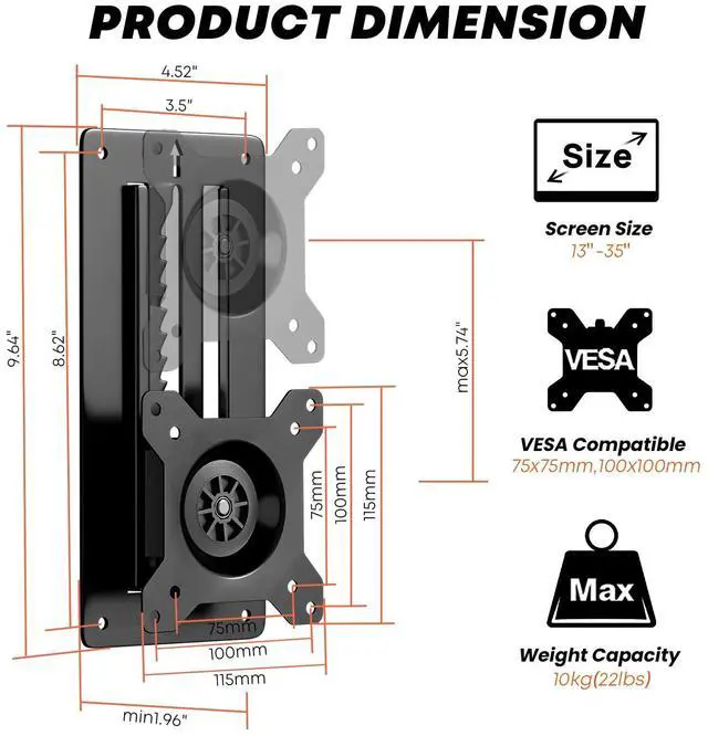 Alt view image 4 of 7 - Premium Height Adjustable Monitor Wall Mount up to 35 inch Ultrawide Screen, Low Profile VESA Wall Mount Monitor Holds up to 22 lbs, Full Motion Computer Monitor Mount, VESA 75/100, Black