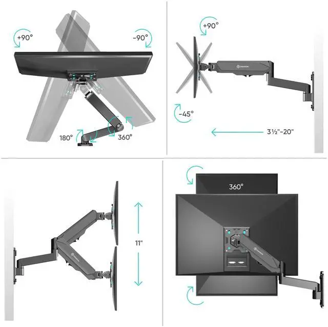 Alt view image 5 of 7 - Single Monitor Wall Mount for 13-34 Inch Screen up to 17.6 lbs, Height Adjustable, Full Motion Computer Screen Wall Mount, VESA 75x75 & 100x100, Gas Spring Monitor Arm Wall Black