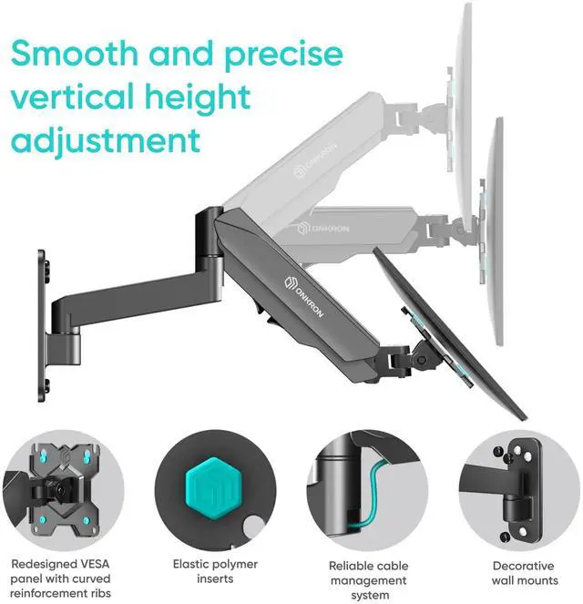 Alt view image 6 of 7 - Single Monitor Wall Mount for 13-34 Inch Screen up to 17.6 lbs, Height Adjustable, Full Motion Computer Screen Wall Mount, VESA 75x75 & 100x100, Gas Spring Monitor Arm Wall Black