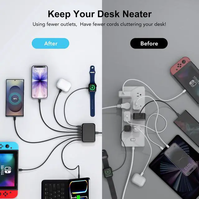 Alt view image 4 of 7 - USB C Fast Charger, 100W GaN 6 Port Type C Charging Station Hub Block Cube, USB C Wall Charger Power Strip Adapter Plug for iPad iPhone 17 16 15 14 13 12 Pro Max Pixel Note Galaxy, 5ft Cord