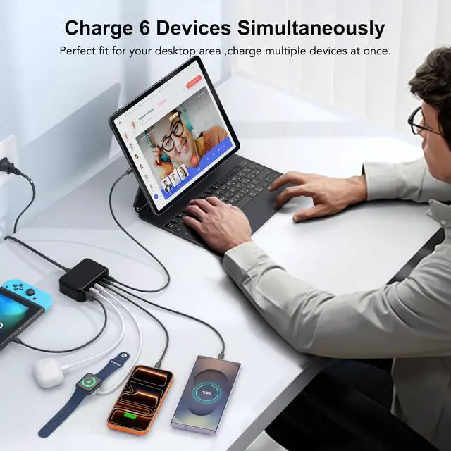 Alt view image 5 of 7 - USB C Fast Charger, 100W GaN 6 Port Type C Charging Station Hub Block Cube, USB C Wall Charger Power Strip Adapter Plug for iPad iPhone 17 16 15 14 13 12 Pro Max Pixel Note Galaxy, 5ft Cord