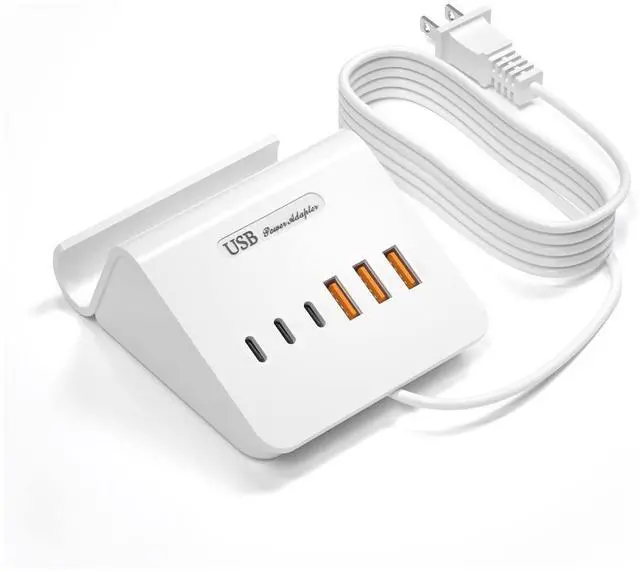 Main image of USB Charging Station, 6 Port 3USB-A and 3USB-C Charging Station for Multiple Devices, Multi USB Nightstand Charger Station with Phone Stand (ETL Listed, 6Ft Extension Cord, White)